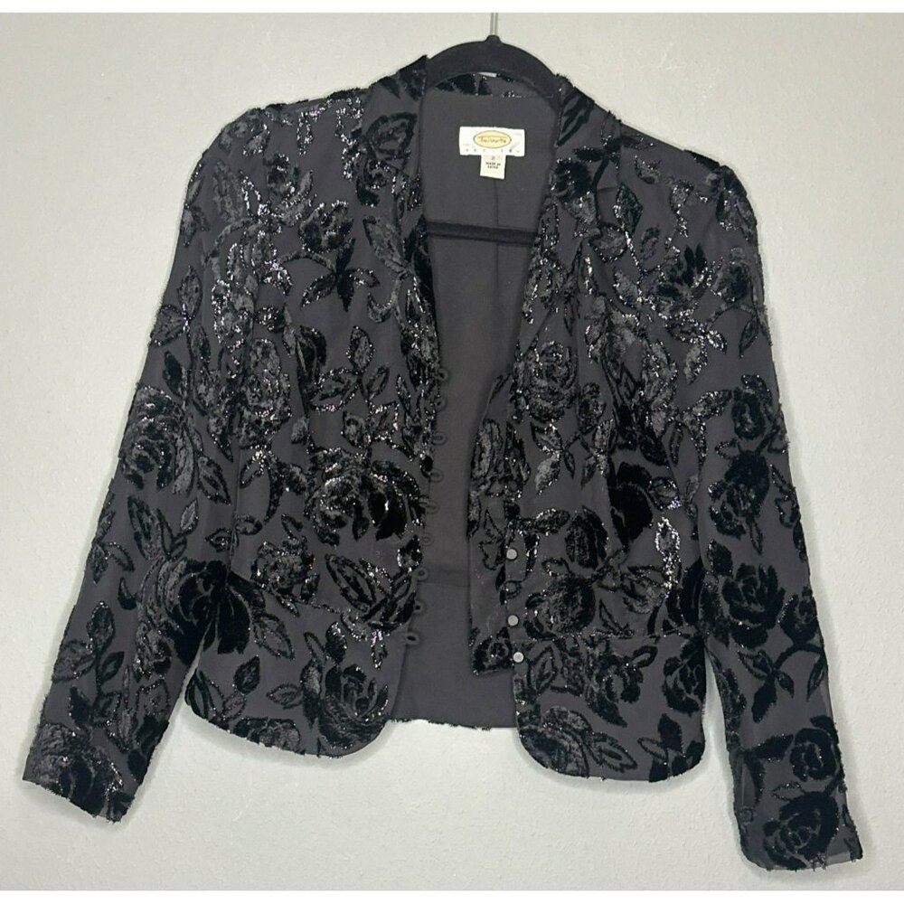 VTG Talbots Petties 2 Black Velvet Rose Shimmery Lined Button-Up Blazer